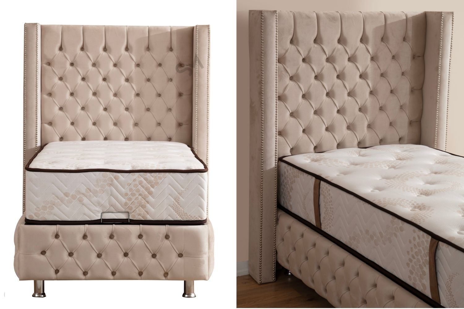 Lit coffre CLOUTE velours beige avec tête de lit capitonné
