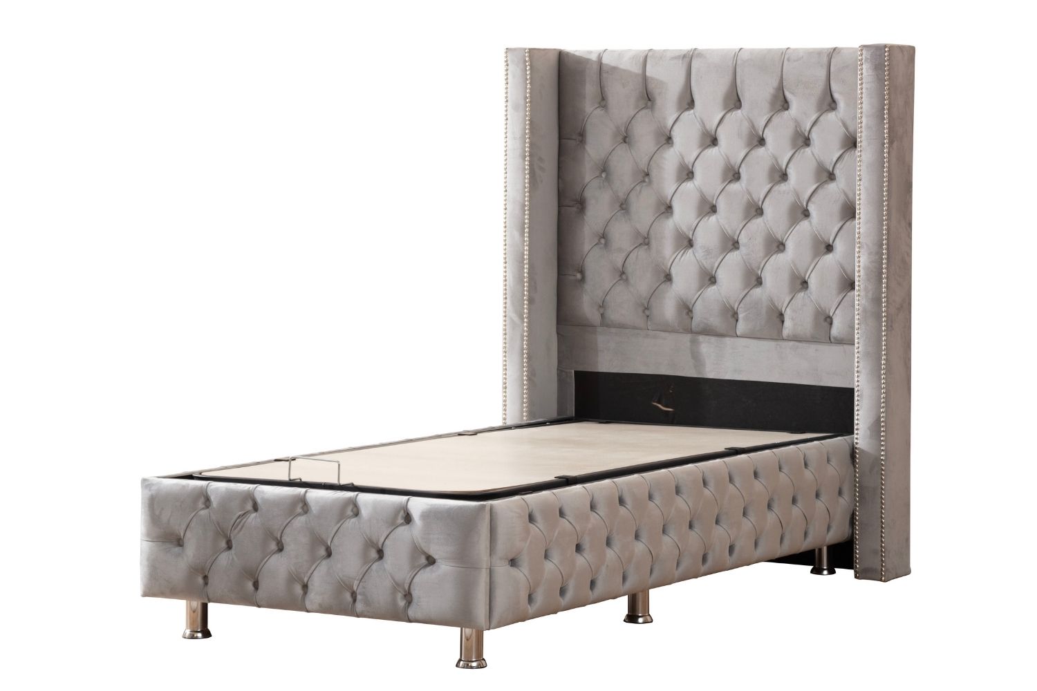 Lit coffre CLOUTE velours gris avec tête de lit capitonné