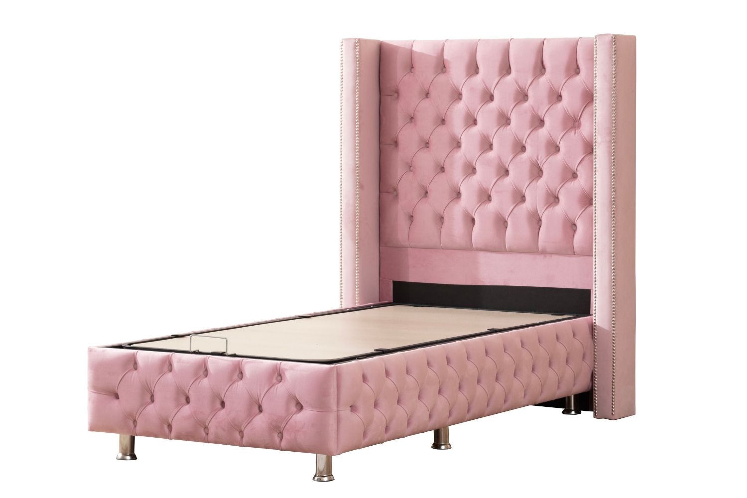 Lit coffre CLOUTE velours rose avec tête de lit capitonné