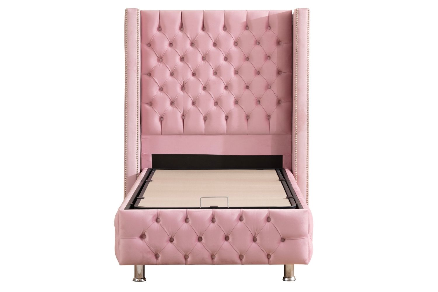 Lit coffre CLOUTE velours rose avec tête de lit capitonné