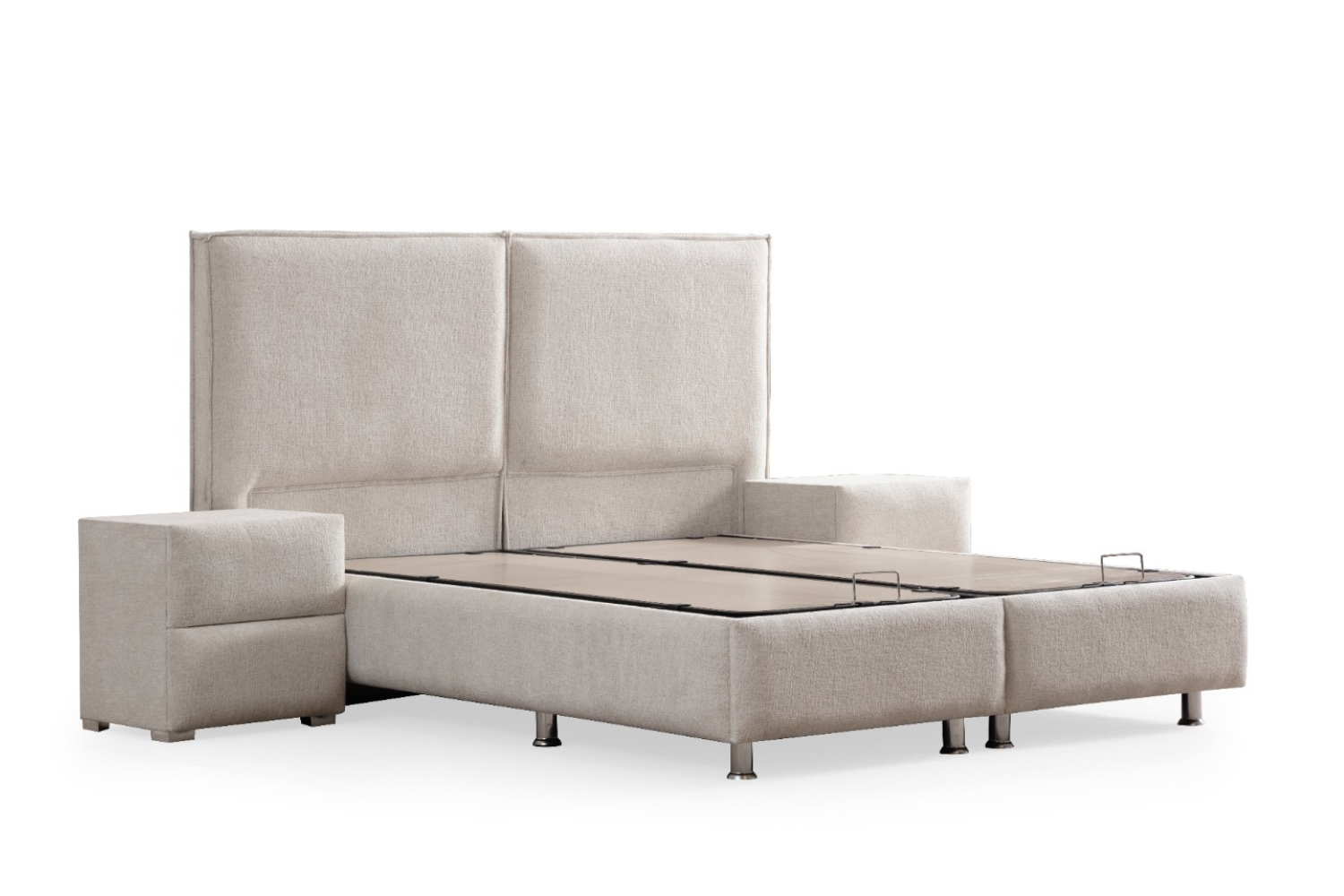 Lit coffre MAYA chenille blanc cassé avec tête de lit