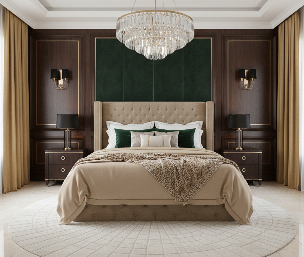 Lit coffre CLOUTE velours beige avec tête de lit capitonné