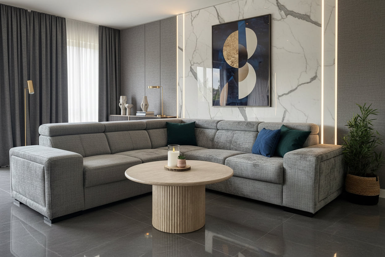 Canapé d’Angle Symétrique Convertible 260x260 cm – Confort Équilibré, Tissu Résistant, Appuie-Têtes Intégrés