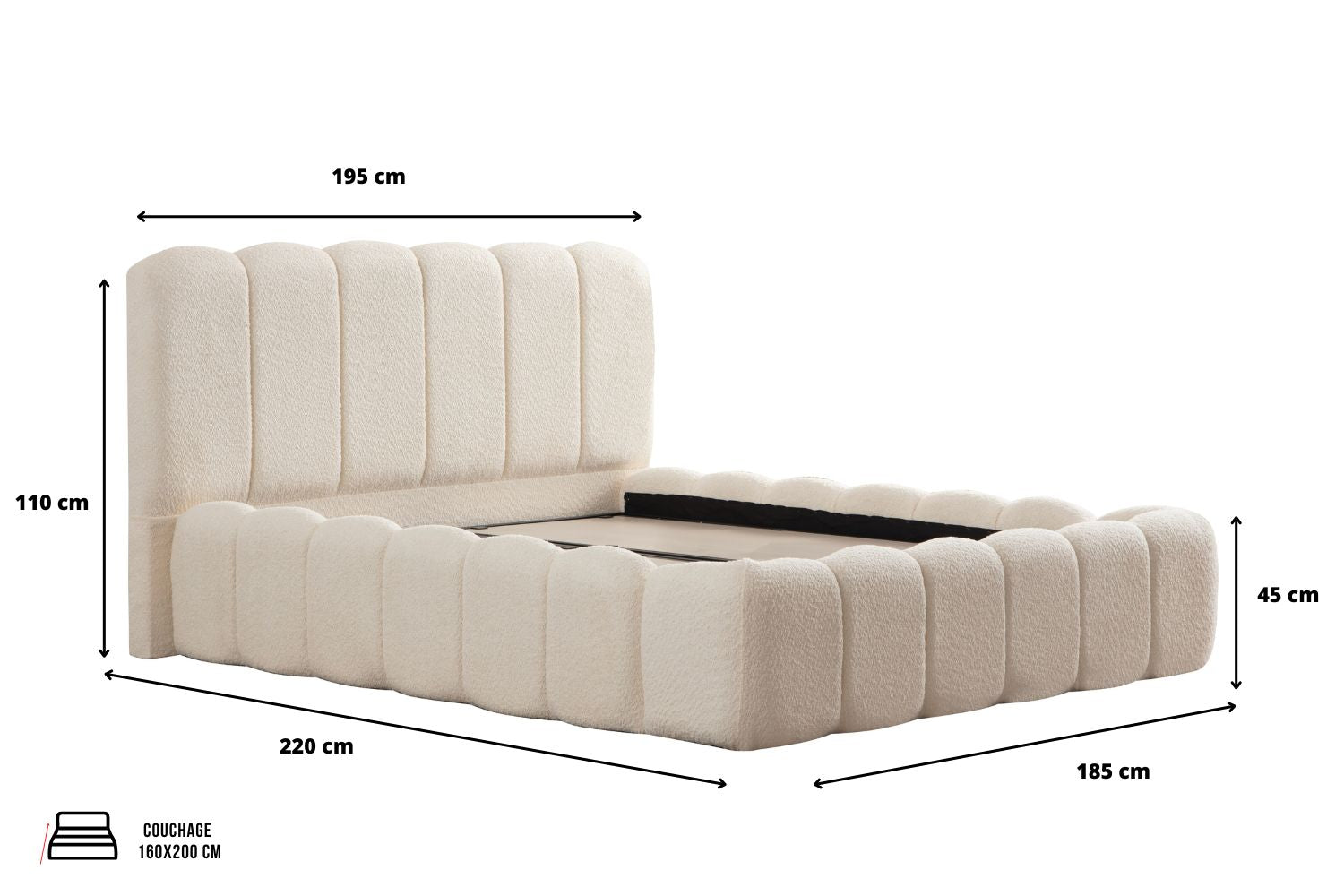 Lit coffre ALYA chenille blanc cassé