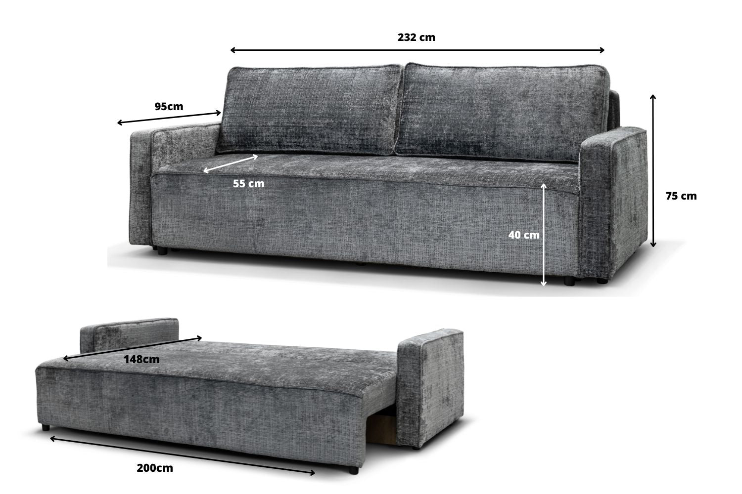 Canapé convertible NICOLE marbella gris anthracite