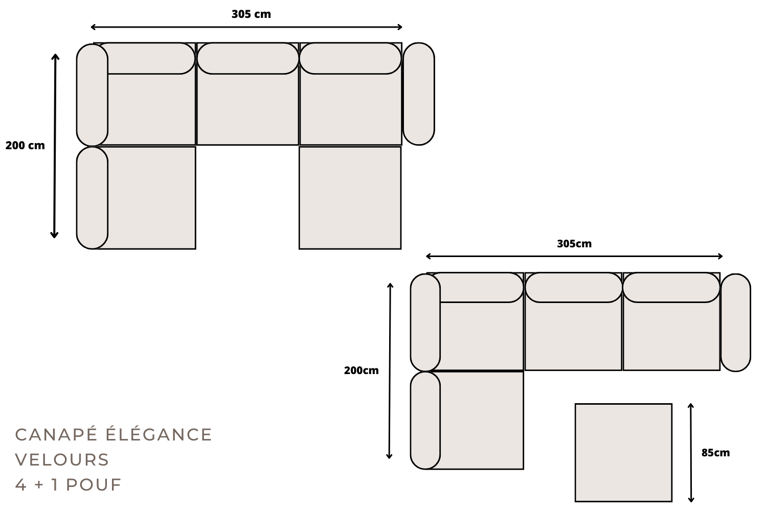 Canapé ELEGANCE velours modulable 4+1 avec pouf