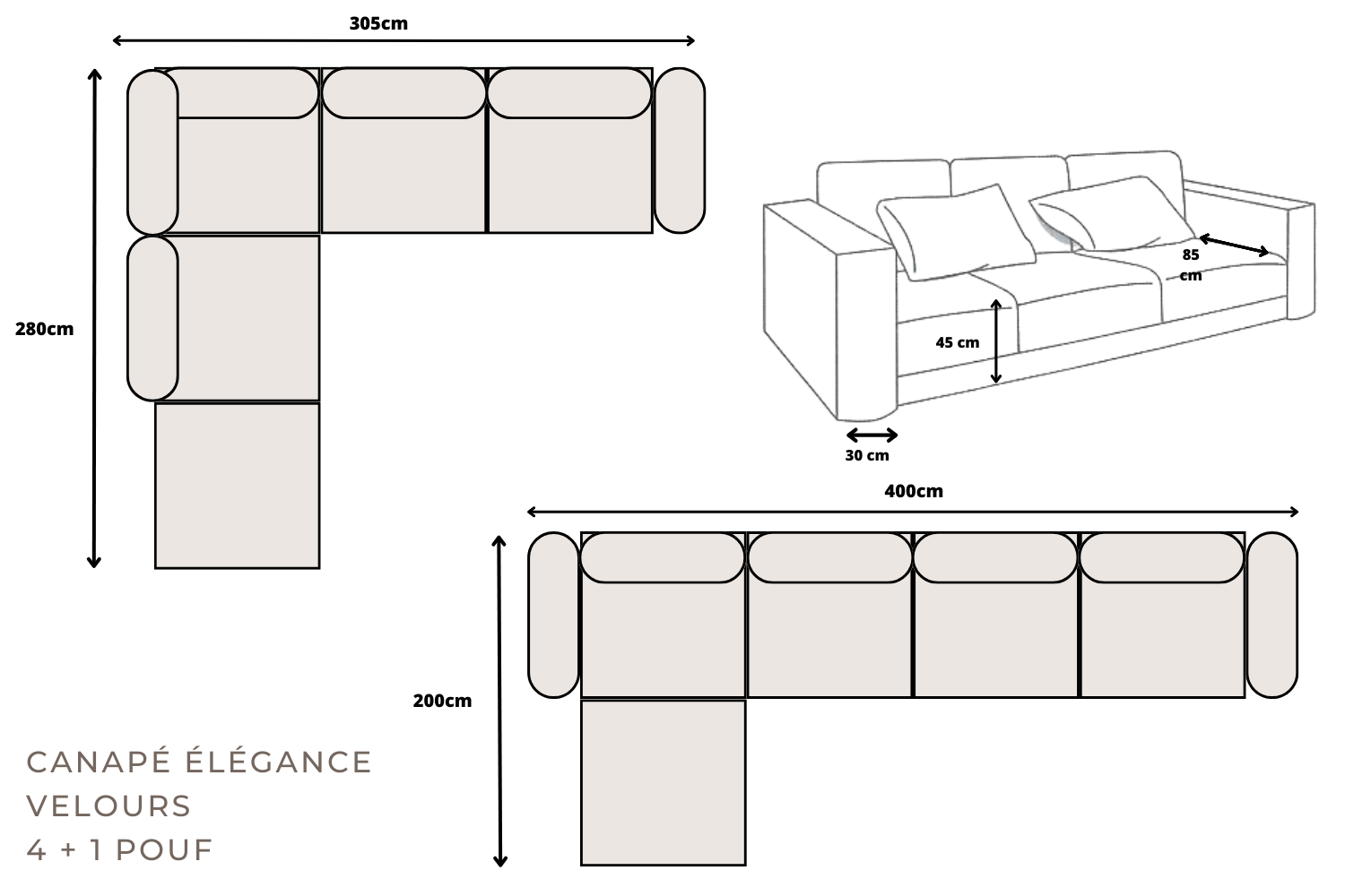 Canapé ELEGANCE velours modulable 4+1 avec pouf