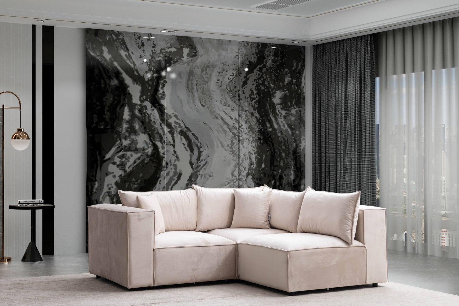 Canapé ELEGANCE velours modulable 3+1 avec pouf