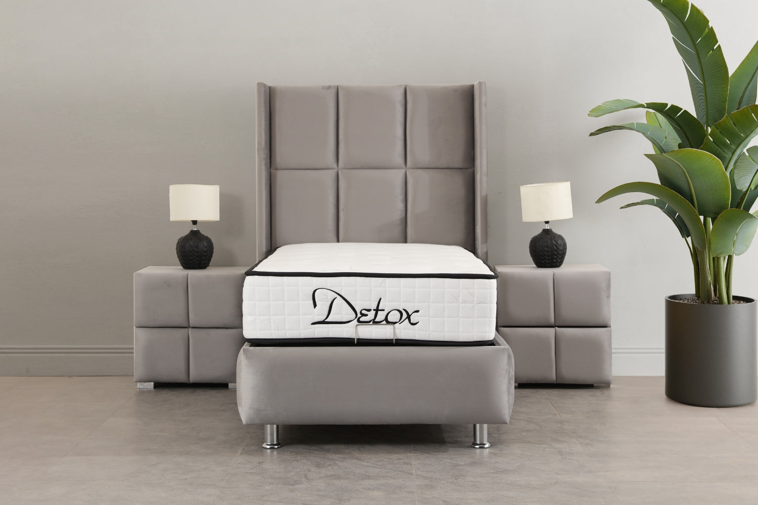 Lit coffre RIO velours gris avec tête de lit