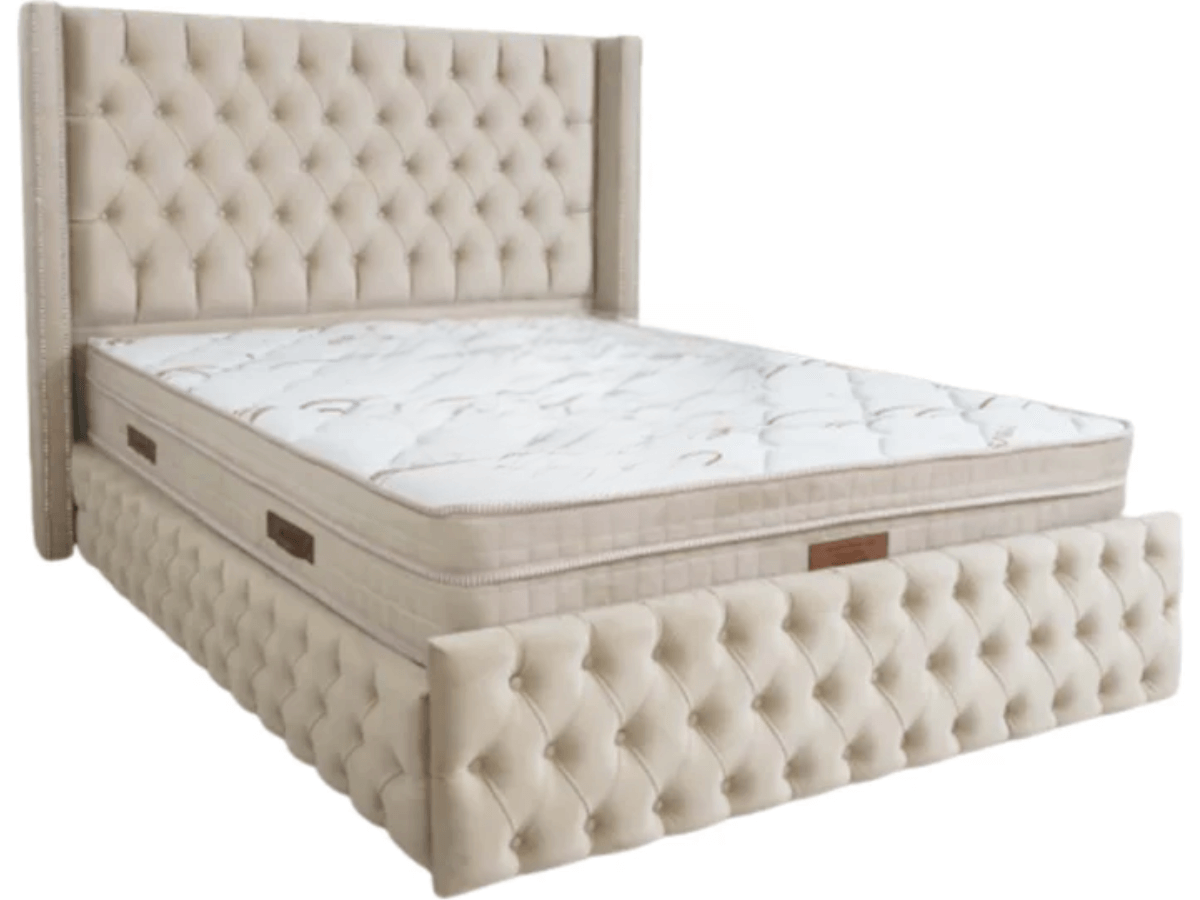 Cadre de lit CLOUTE velours beige avec tête de lit capitonné