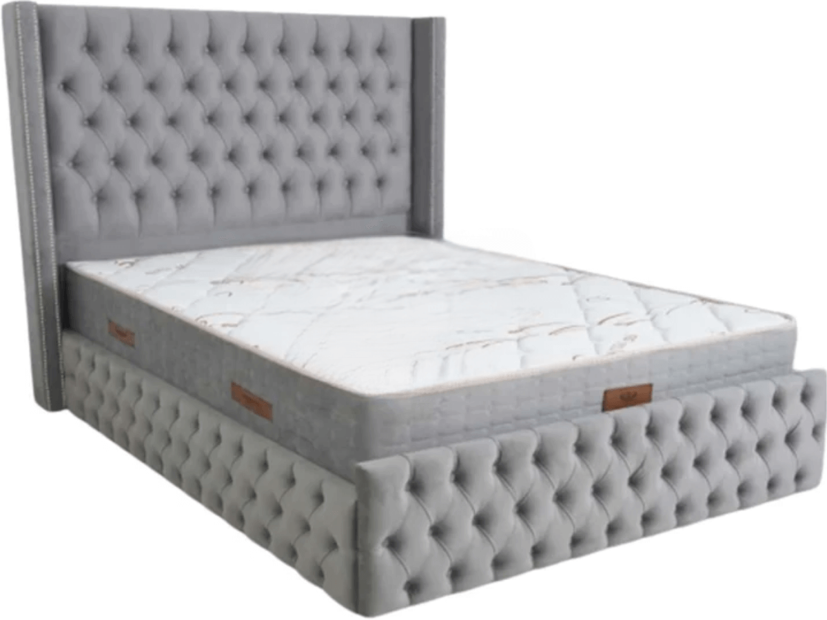 Cadre de lit CLOUTE velours gris avec tête de lit capitonné