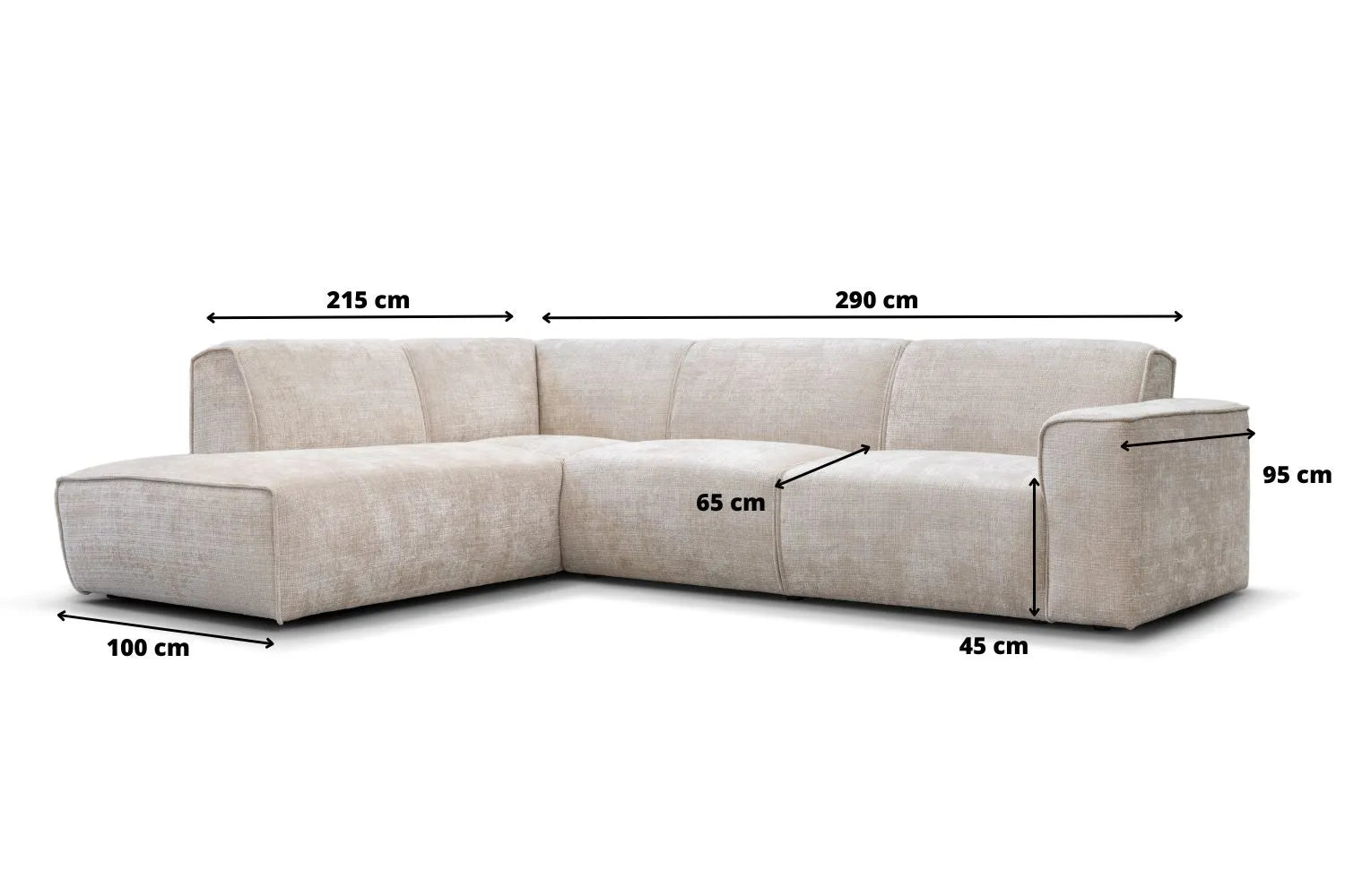 Canapé d'angle COLETTE Marbella beige avec dimensions 290x215 cm