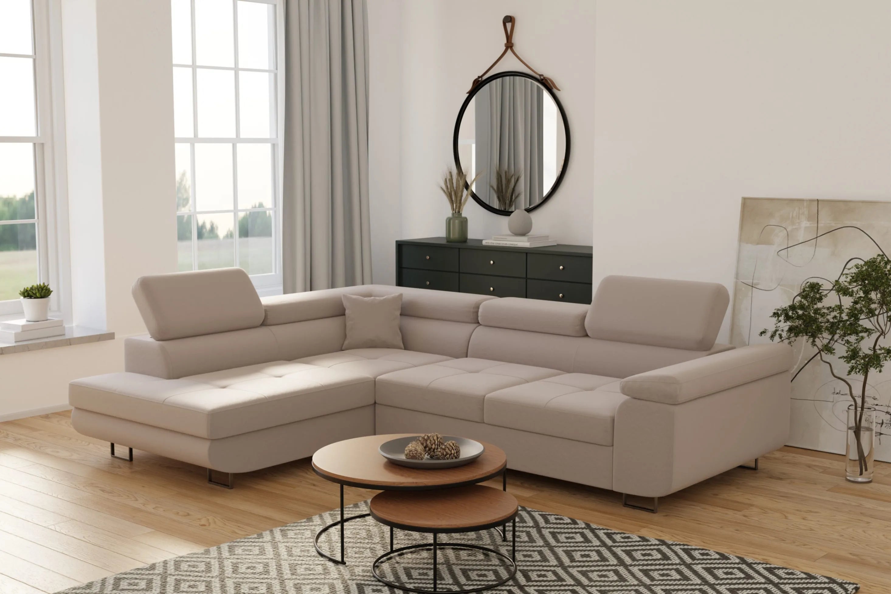Canapé d'angle convertible TONY en beige, présenté dans un salon moderne et lumineux avec un décor minimaliste et une table basse ronde en bois.