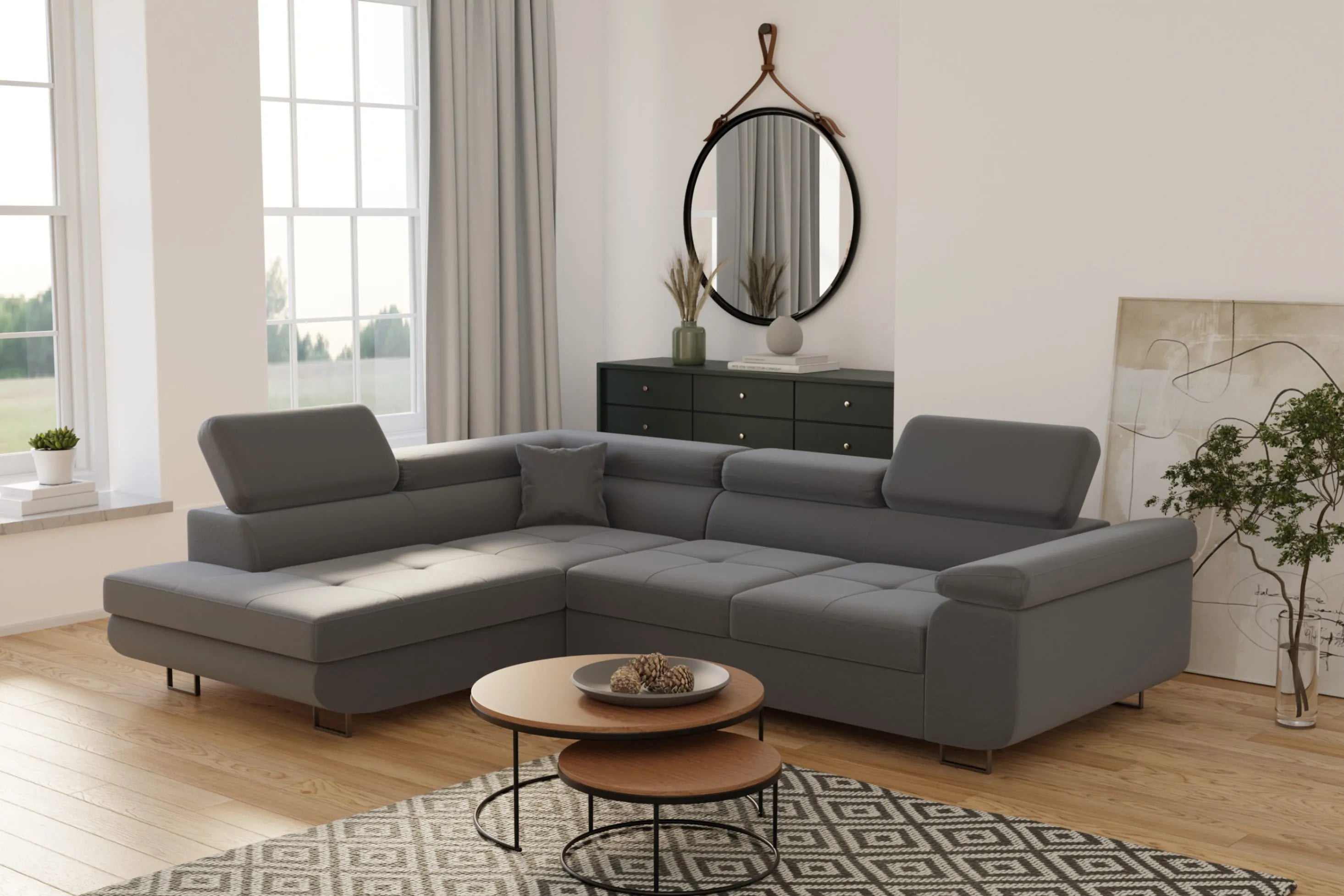 Canapé d'angle convertible TONY en gris anthracite élégant, idéal pour un salon moderne et confortable.