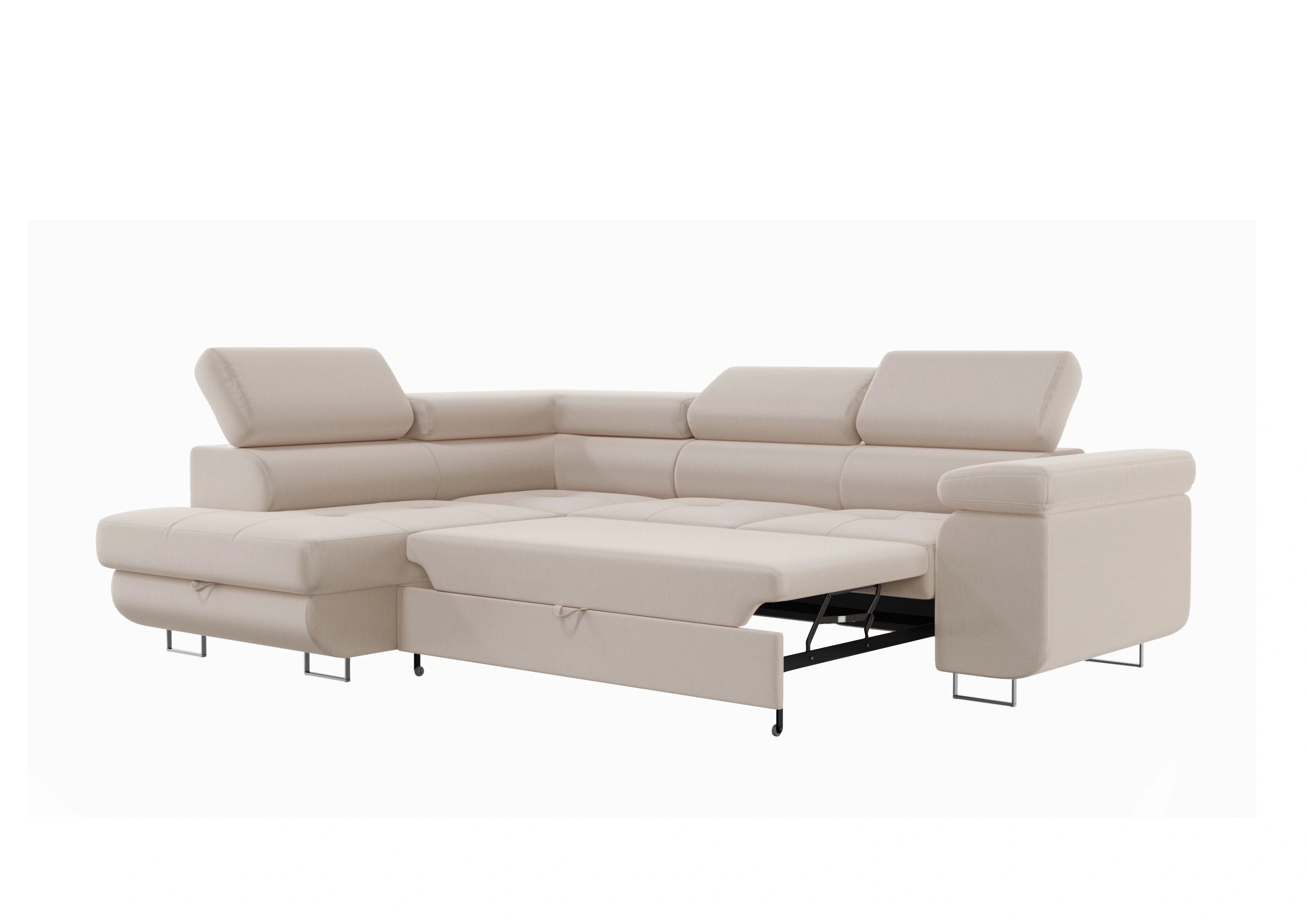 Canapé d'angle convertible TONY en beige, transformé en lit spacieux, avec accoudoirs modernes et appuis-tête réglables, idéal pour le confort et le style.