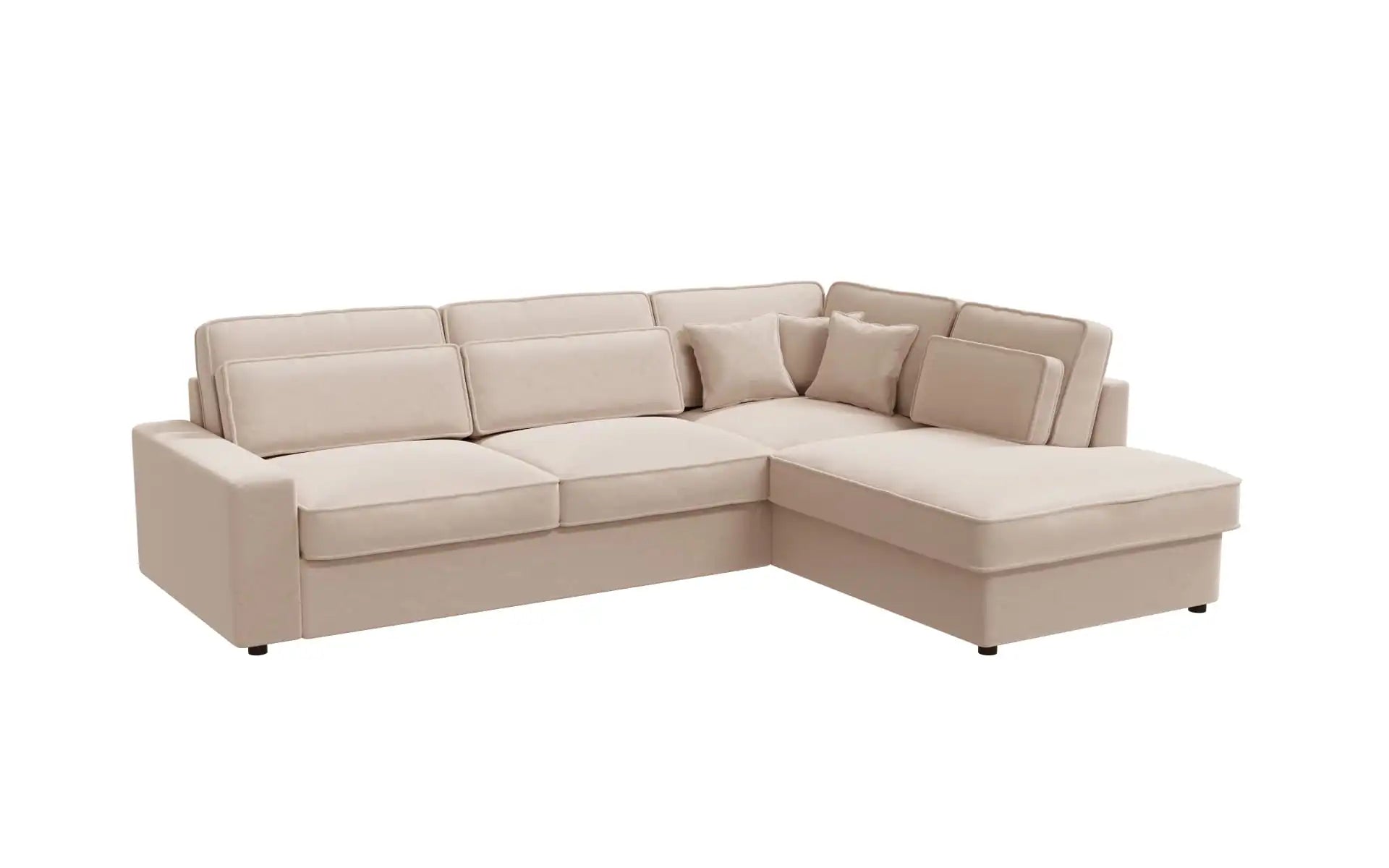 Canapé d'angle LEXUS en velours beige avec angle droit, vue oblique sur fond blanc.