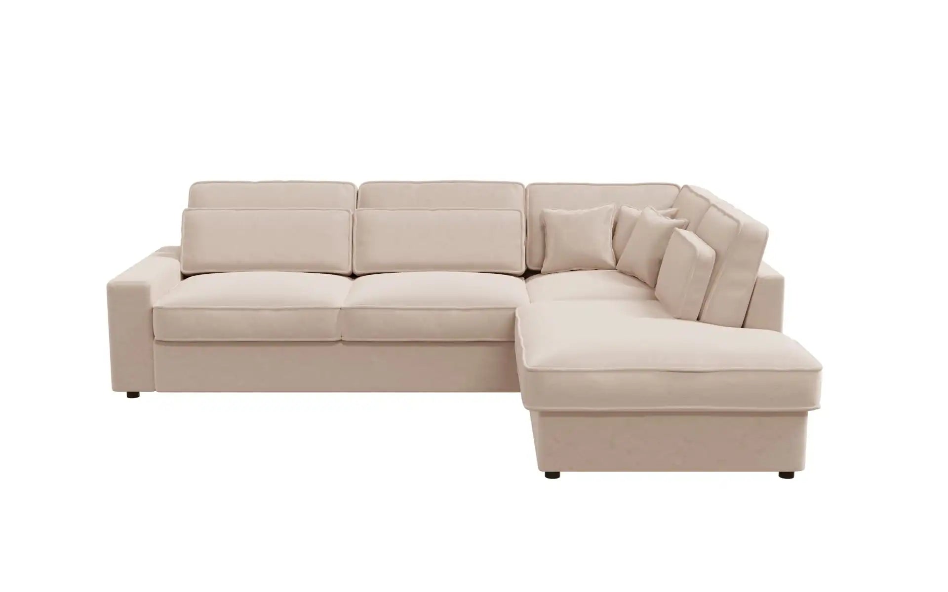 Canapé d'angle LEXUS en velours beige avec angle droit, vue de face sur fond blanc.