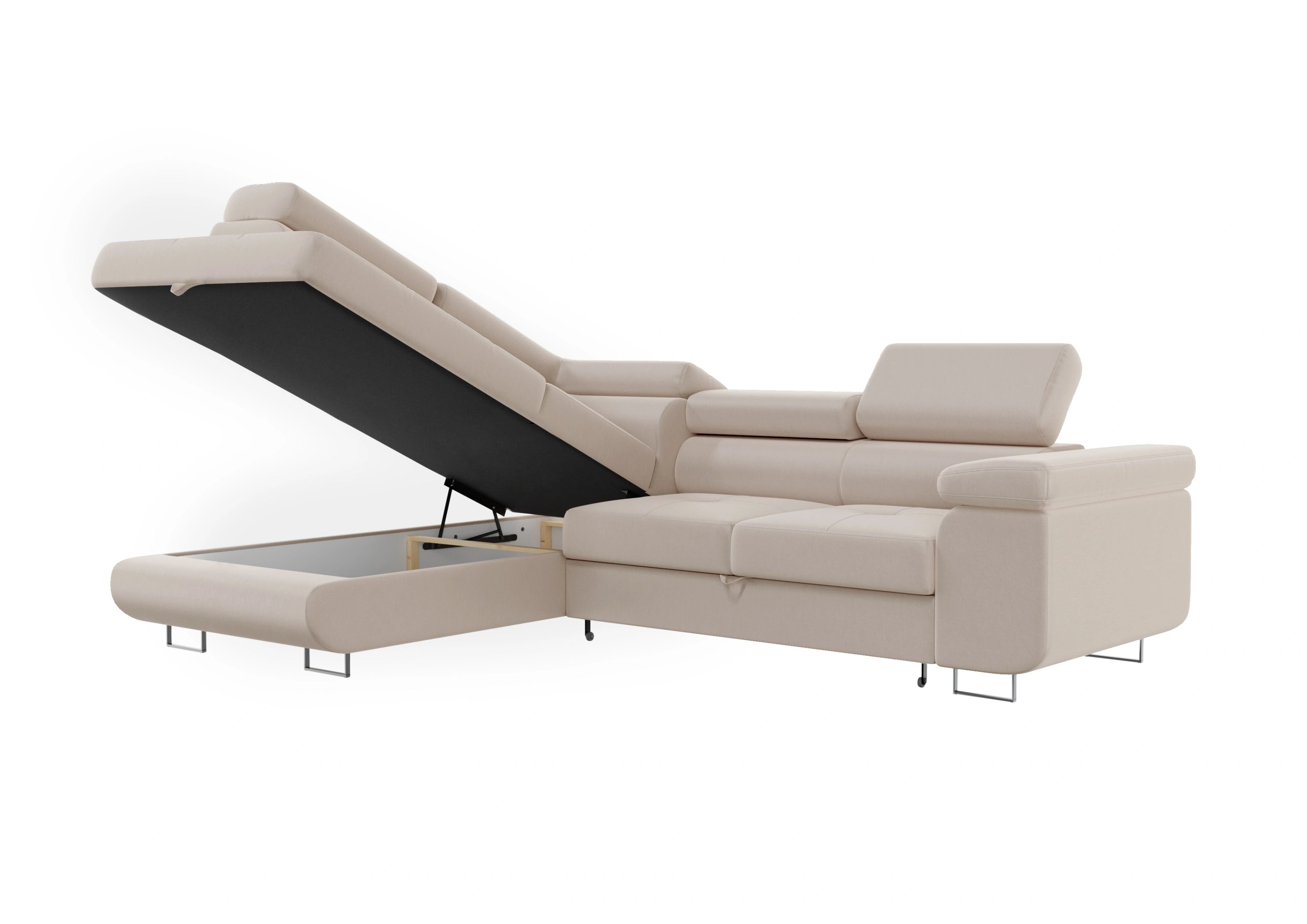 Canapé d'angle TONY en beige avec coffre de rangement spacieux intégré sous la méridienne, parfait pour optimiser l'espace tout en restant élégant.