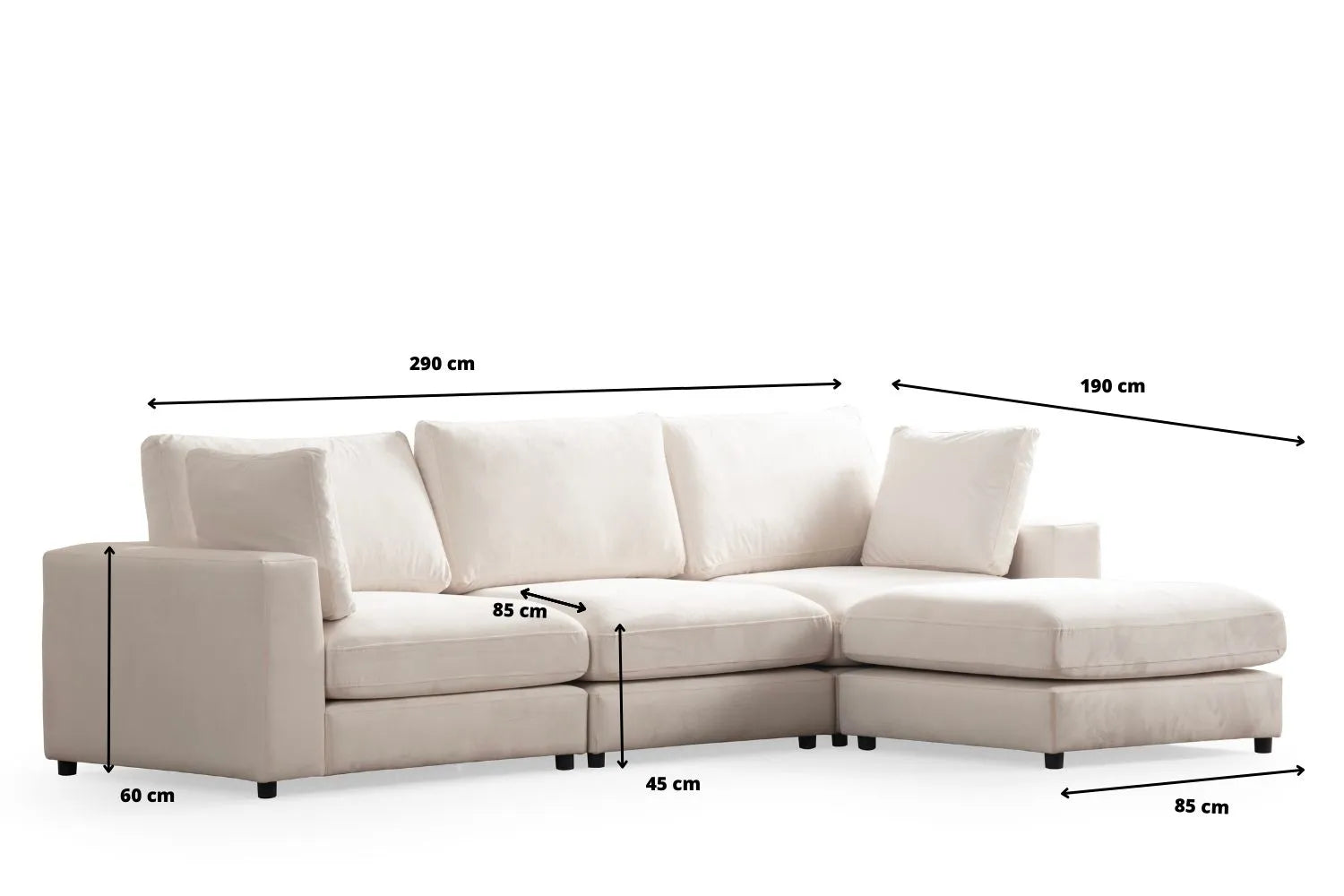 Canapé JULIA modulable en tissu velours blanc cassé 3 places avec 1 pouf, dimensions détaillées en centimètres.
