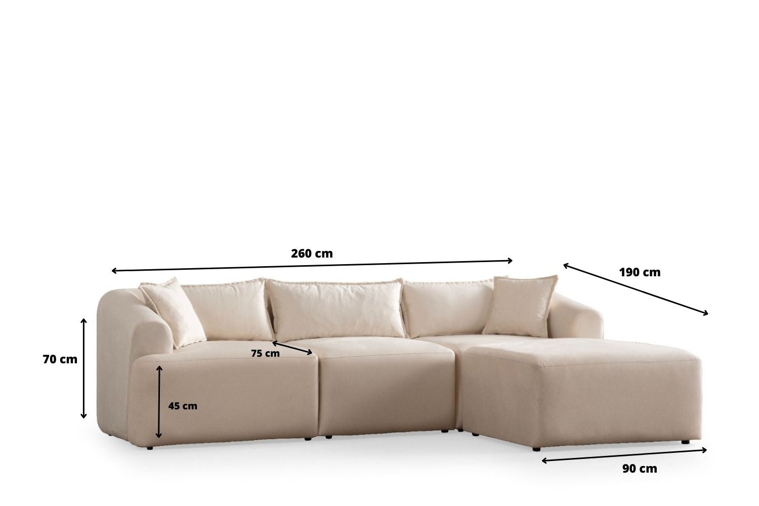 Canapé Mila en Velours Blanc Cassé - Dimensions : 260 cm (longueur) x 190 cm (largeur) x 70 cm (hauteur)