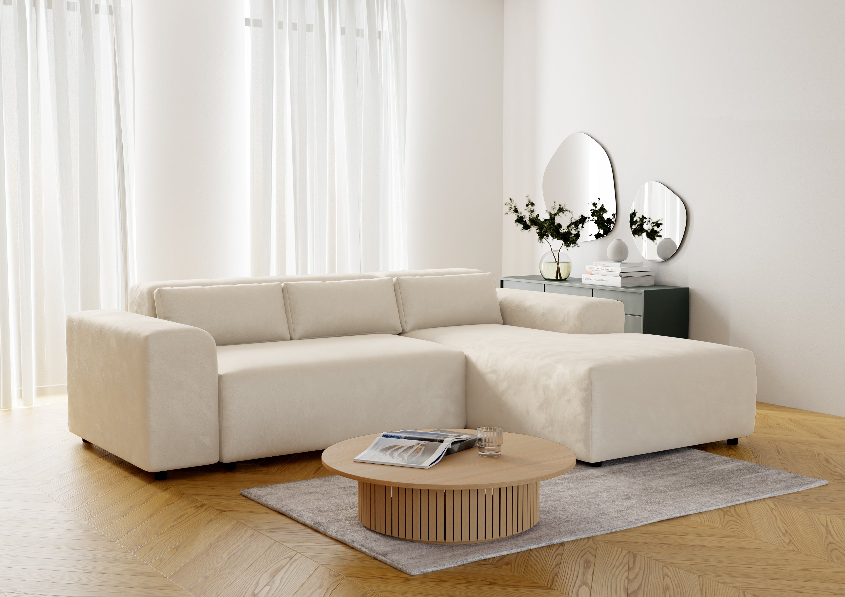Canapé Moris en Velours Beige Texturé - Vue de profil avec Arrière-plan
