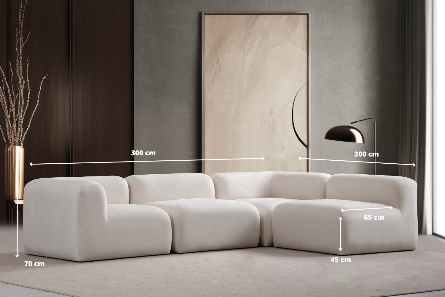 Canapé Nuage en Velours Blanc Cassé - Dimensions : 300 cm (longueur) x 200 cm (largeur) x 70 cm (hauteur)