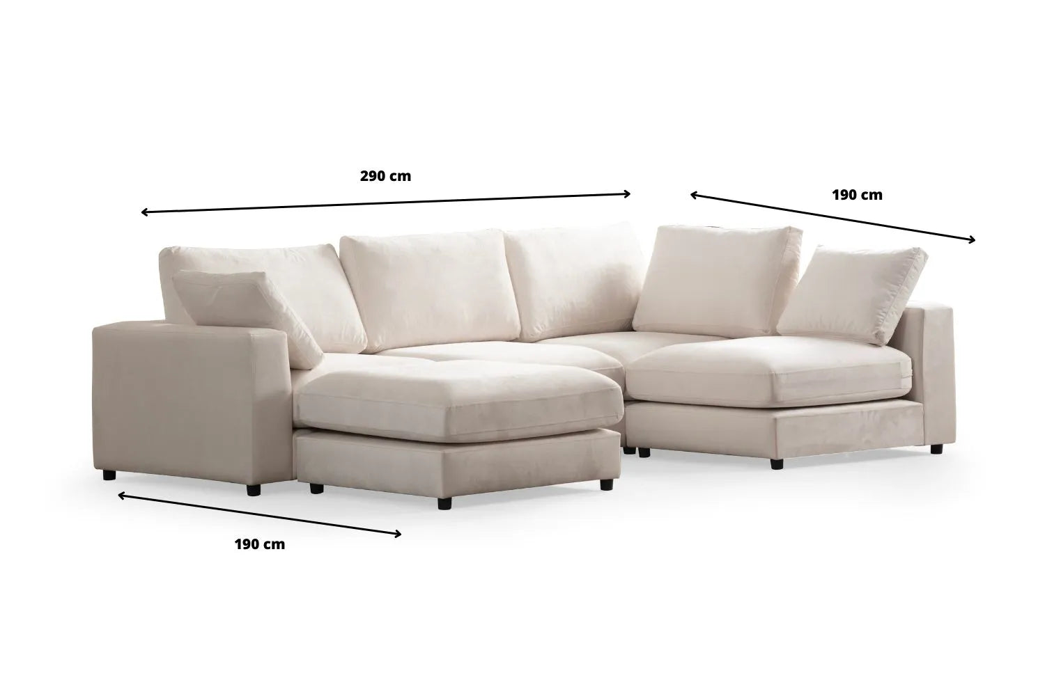Dimensions alternatives du canapé Julia modulable en velours blanc cassé avec 4 places et un pouf en configuration d'angle, affichées en centimètres.