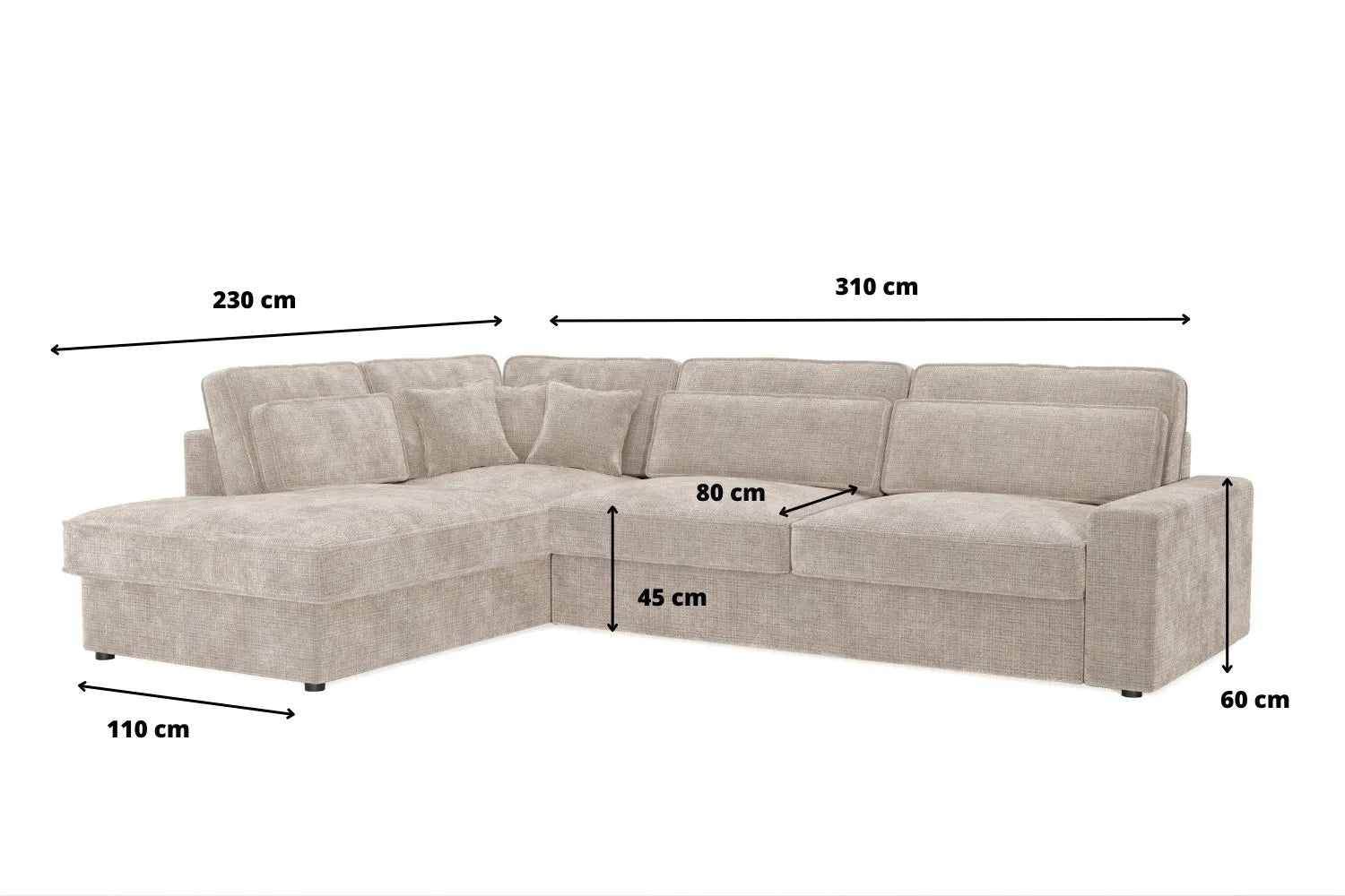Dimensions du canapé d'angle LEXUS en velours beige, angle gauche, avec longueur de 310 cm, profondeur de 230 cm, hauteur d'assise de 45 cm, profondeur d'assise de 80 cm, et hauteur totale de 60 cm.