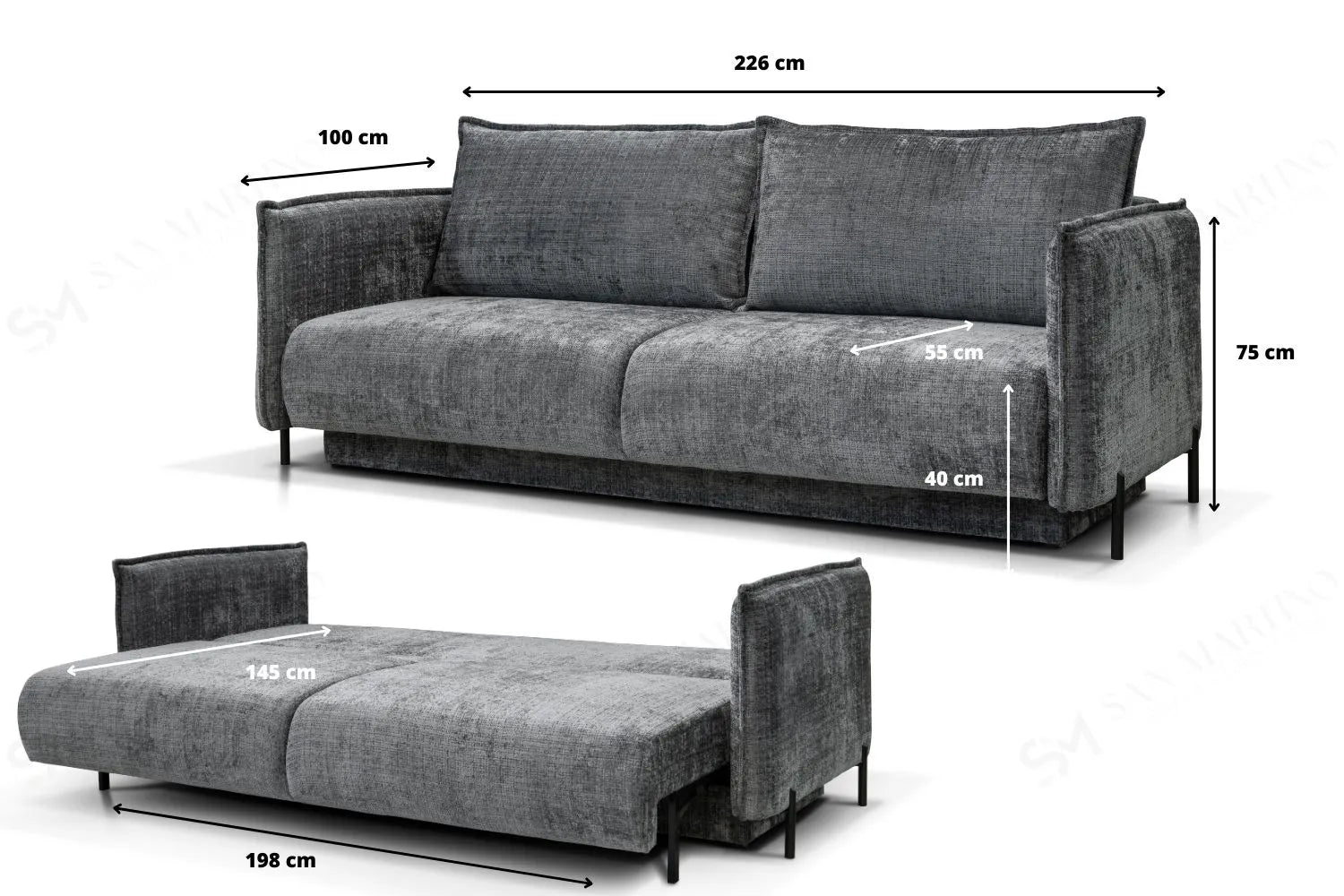 Dimensions du canapé convertible AMALFI Marbella blanc cassé : 226 cm de largeur, 100 cm de profondeur, et position lit 198 cm x 145 cm
