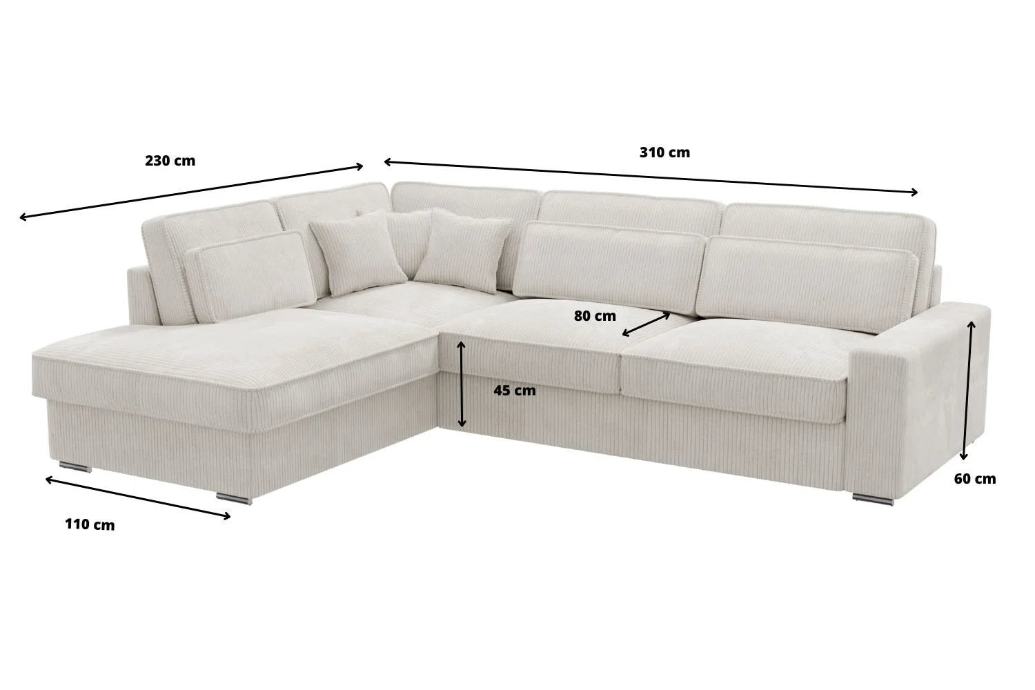 Dimensions du canapé d'angle LEXUS en côtelé blanc cassé, angle gauche, avec longueur de 310 cm, profondeur de 230 cm, hauteur d'assise de 45 cm, profondeur d'assise de 80 cm, et hauteur totale de 60 cm.