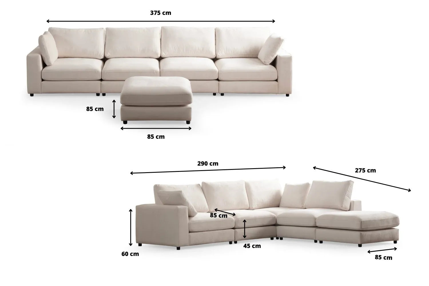 Dimensions du canapé JULIA modulable en velours blanc cassé avec 4 places et un pouf, affichées en centimètres.