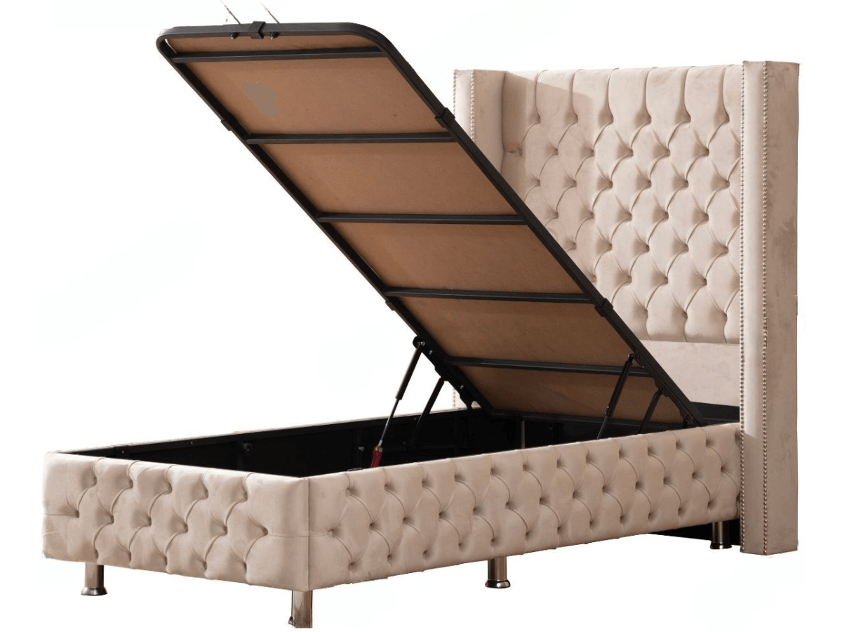 Lit coffre CLOUTE velours beige 1 place avec rangement