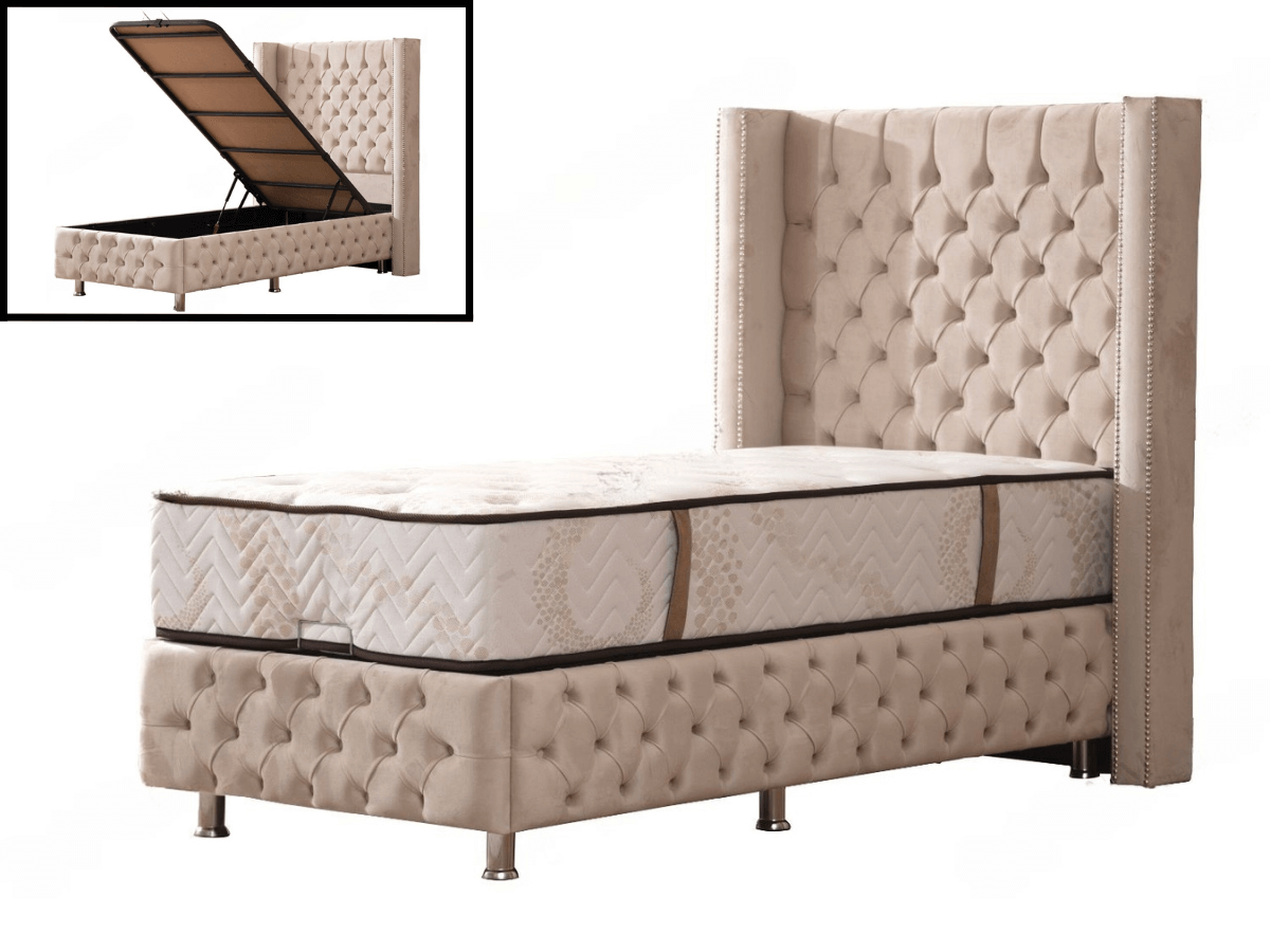 Lit coffre CLOUTE velours beige 1 place