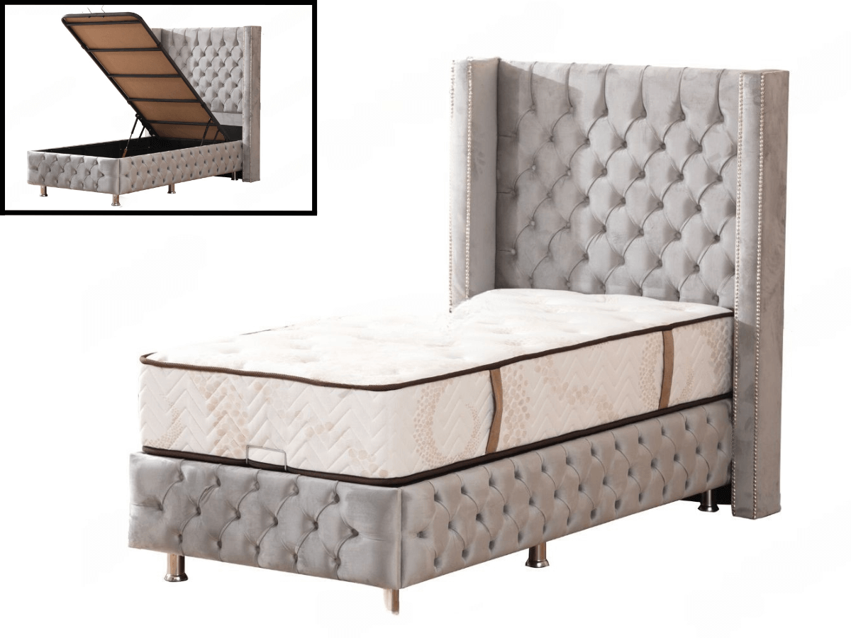 Lit coffre CLOUTE velours gris 1 place