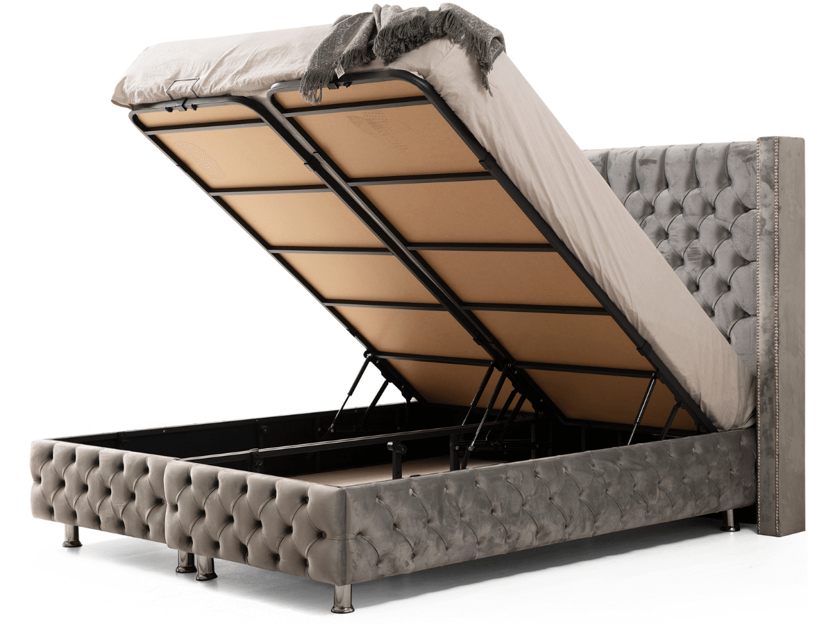 Lit coffre CLOUTE velours gris avec rangement