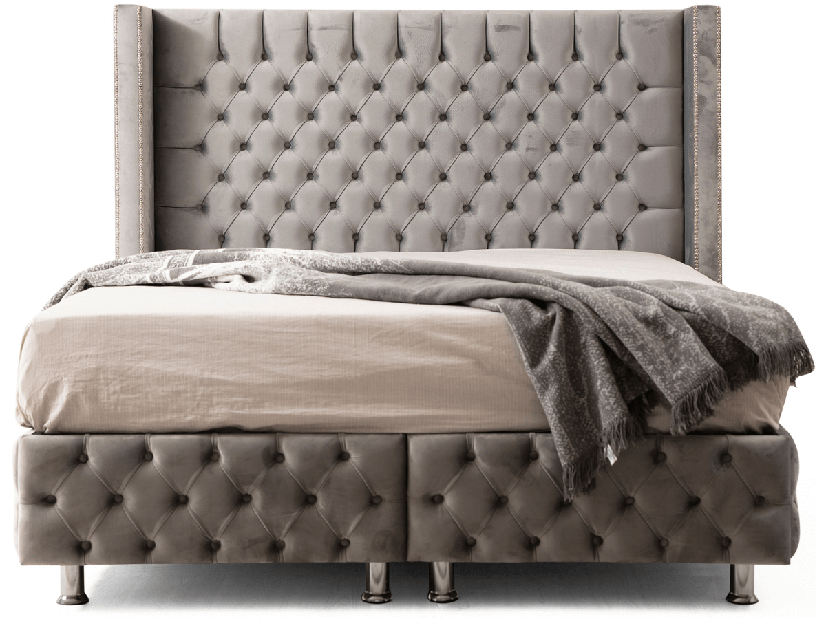 Lit coffre CLOUTE velours gris avec tête de lit capitonné