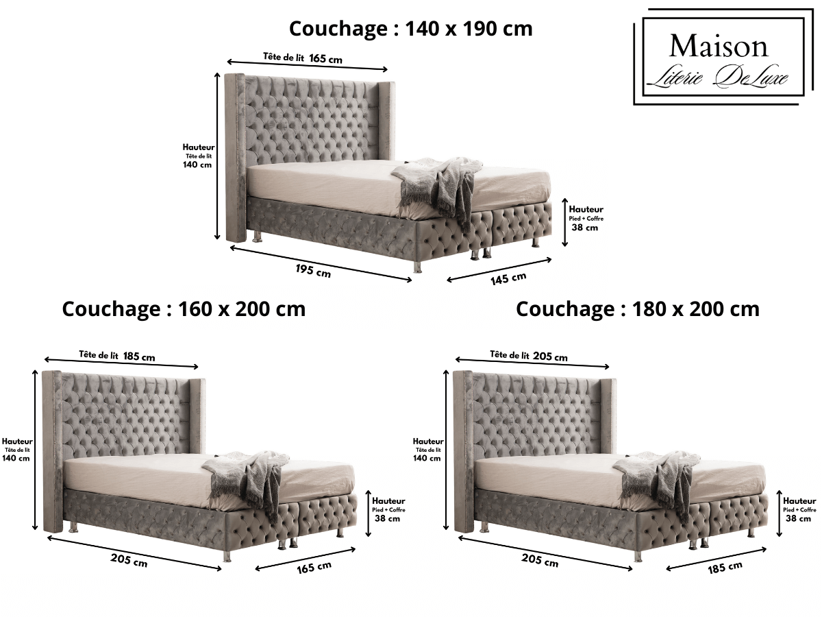 Dimensions du lit coffre CLOUTE en velours gris, illustrant les mesures exactes du lit pour un aménagement précis.