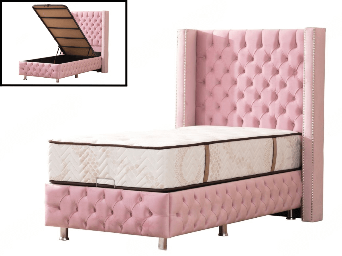 Lit coffre CLOUTE velours rose 1 place