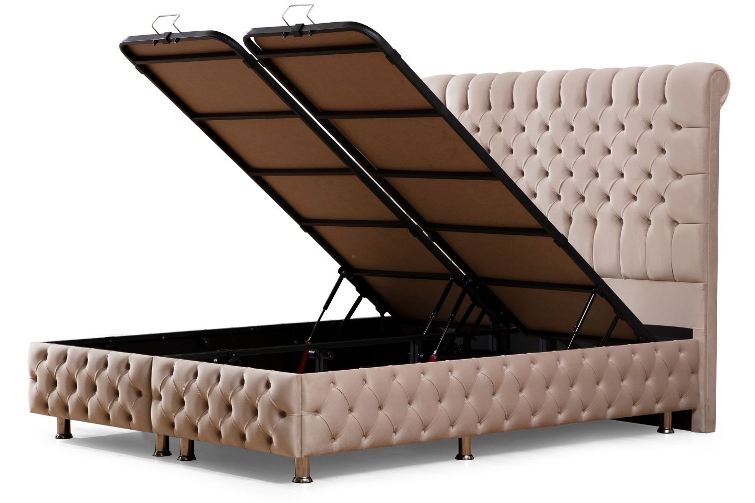 Lit coffre LUNA en velours beige avec coffre ouvert, montrant l’espace de rangement sous le matelas.