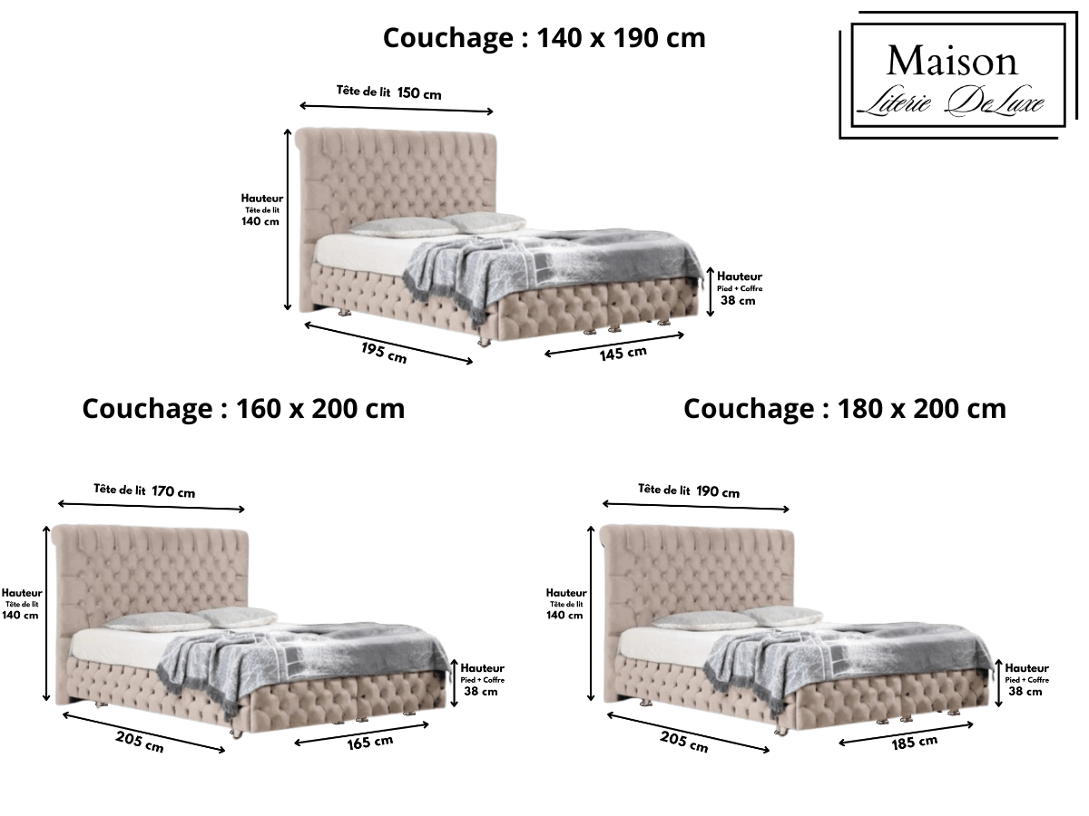 Dimensions du lit coffre LUNA en velours beige, affichant les mesures du produit pour une meilleure planification.