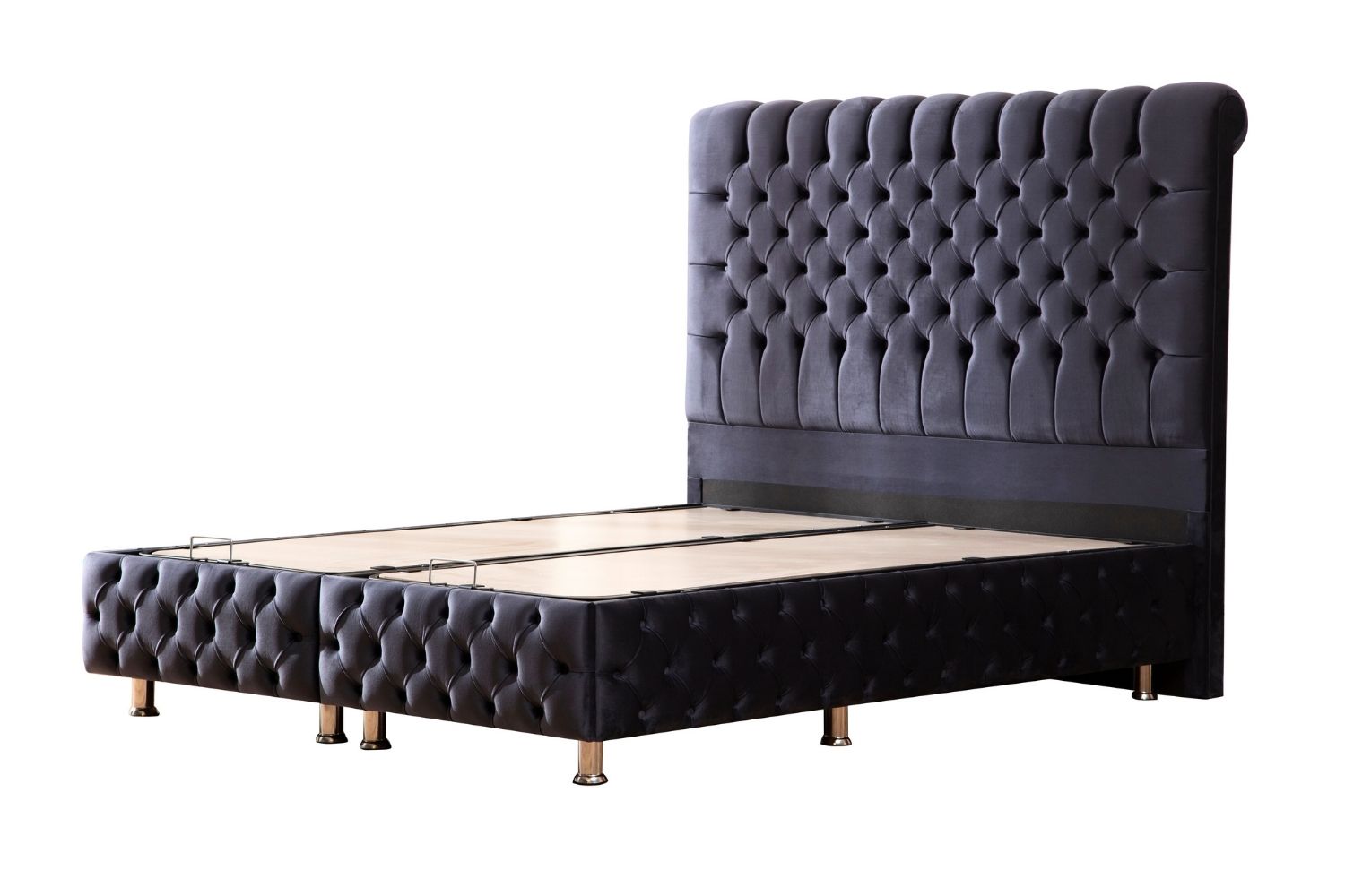 Vue latérale du lit coffre LUNA en velours gris anthracite avec coffre fermé, montrant sa silhouette épurée.
