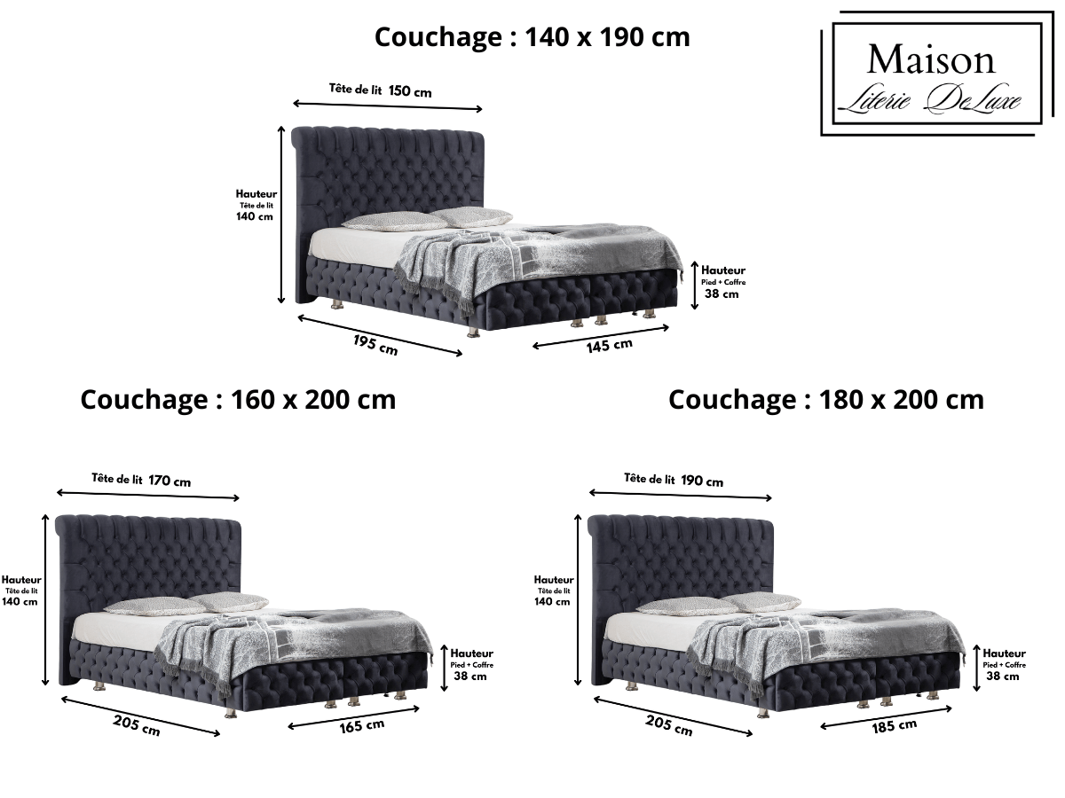 Dimensions du lit coffre LUNA en velours gris anthracite, affichant les mesures du produit pour une meilleure planification.