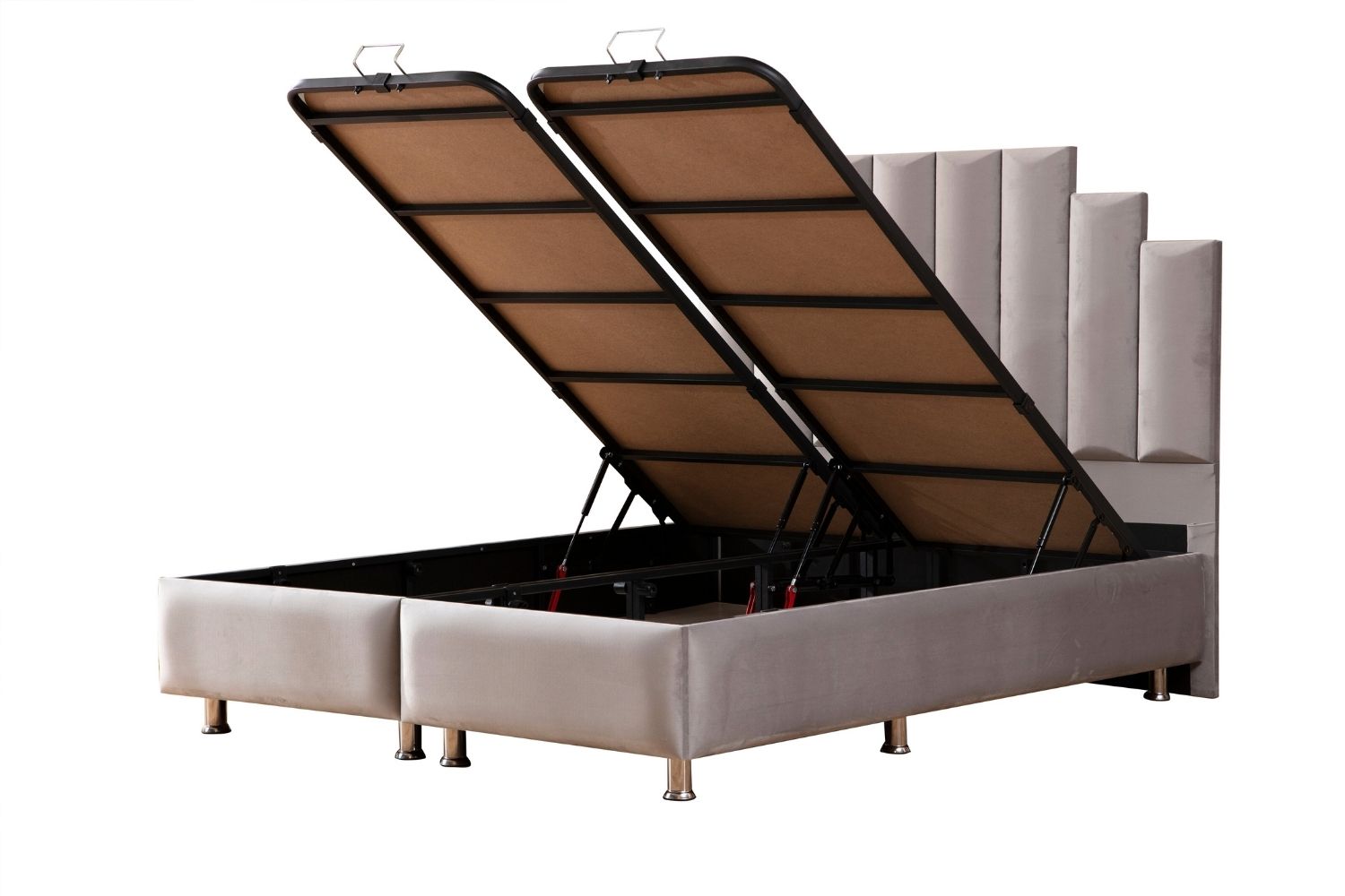 Lit coffre NATURA en velours gris avec coffre ouvert, montrant l’espace de rangement sous le matelas.