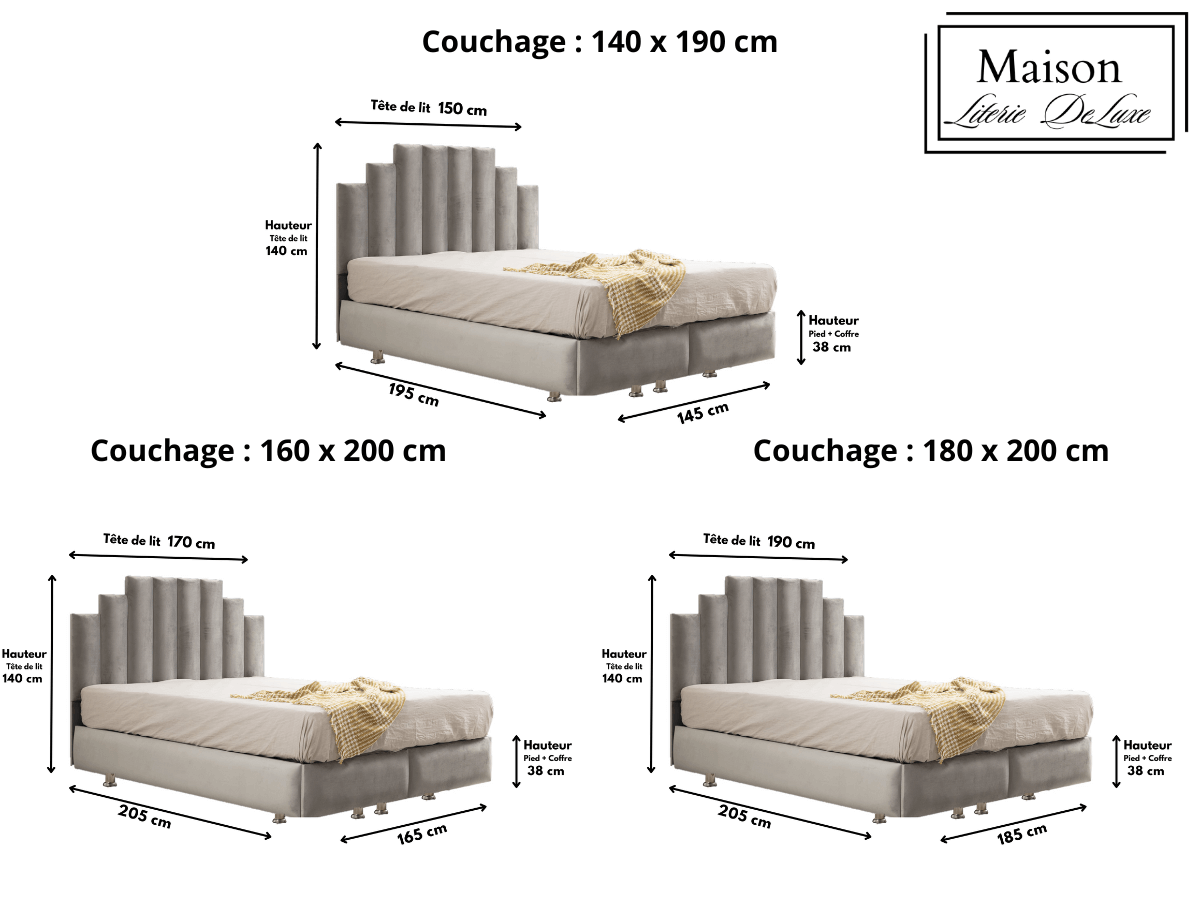 Dimensions du lit coffre NATURA en velours gris, affichant les mesures du produit pour une meilleure planification.