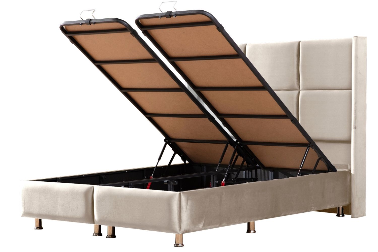 Lit coffre RIO en velours beige avec coffre ouvert, mettant en avant l’espace de rangement spacieux.