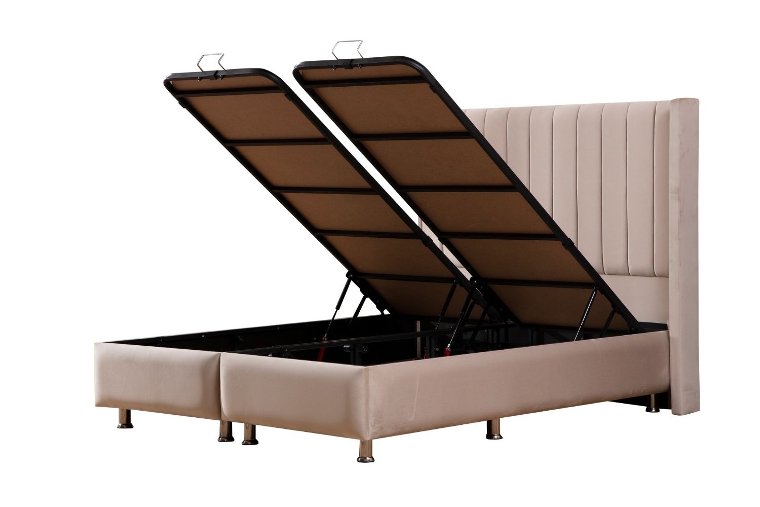 Lit coffre TOKYO en velours beige avec coffre ouvert, offrant un large espace de rangement sous le matelas.
