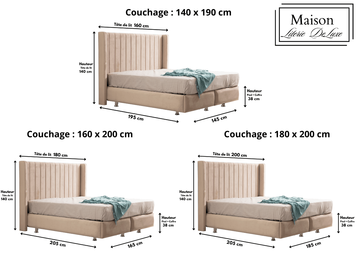 Dimensions du lit coffre TOKYO en velours beige, affichant les mesures complètes du produit pour une planification précise.
