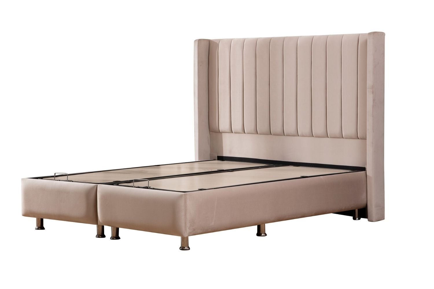 Vue latérale du lit coffre TOKYO en velours beige avec coffre fermé, illustrant son profil élégant.