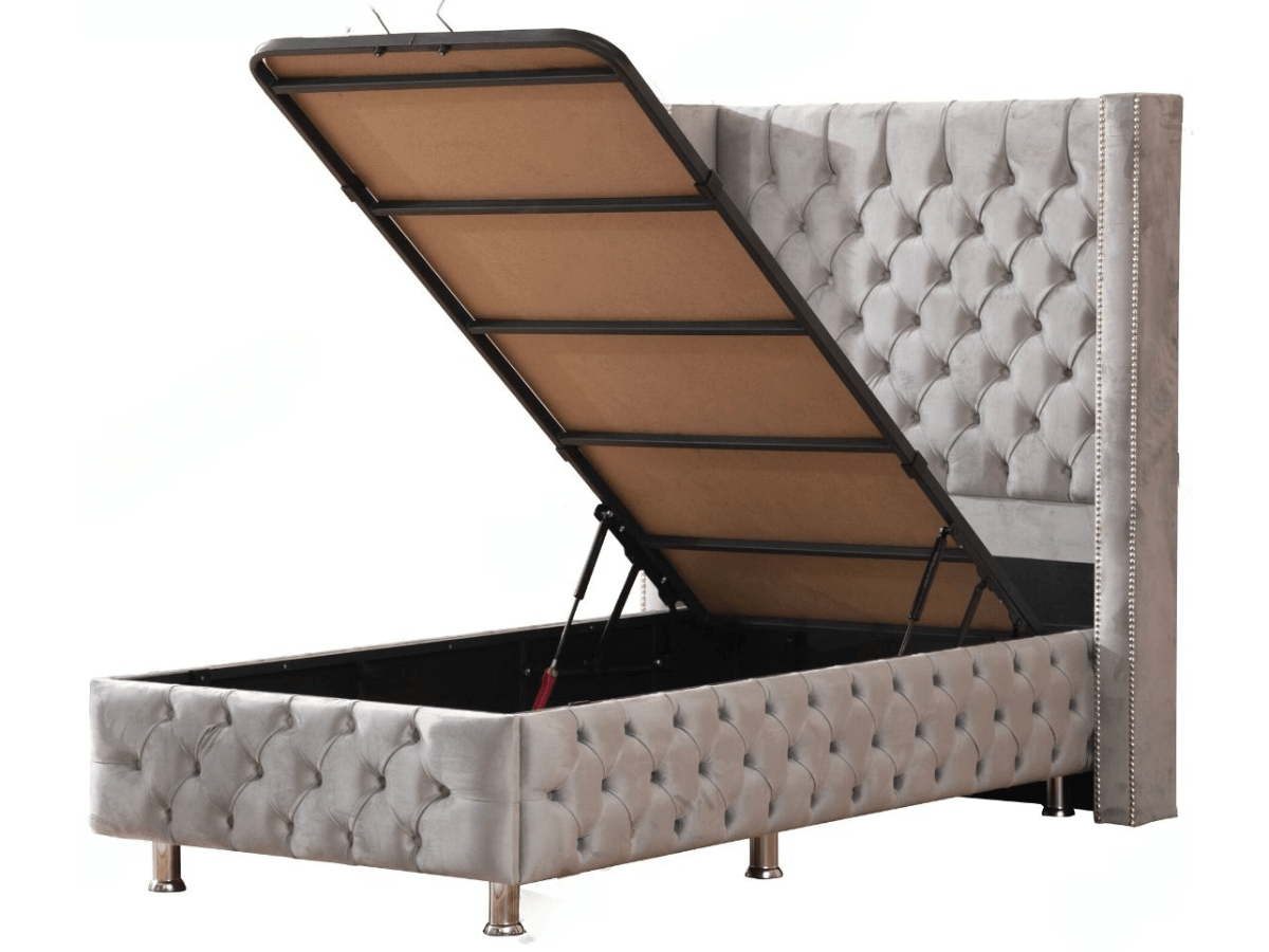 Lit coffre CLOUTE velours gris 1 place avec rangement