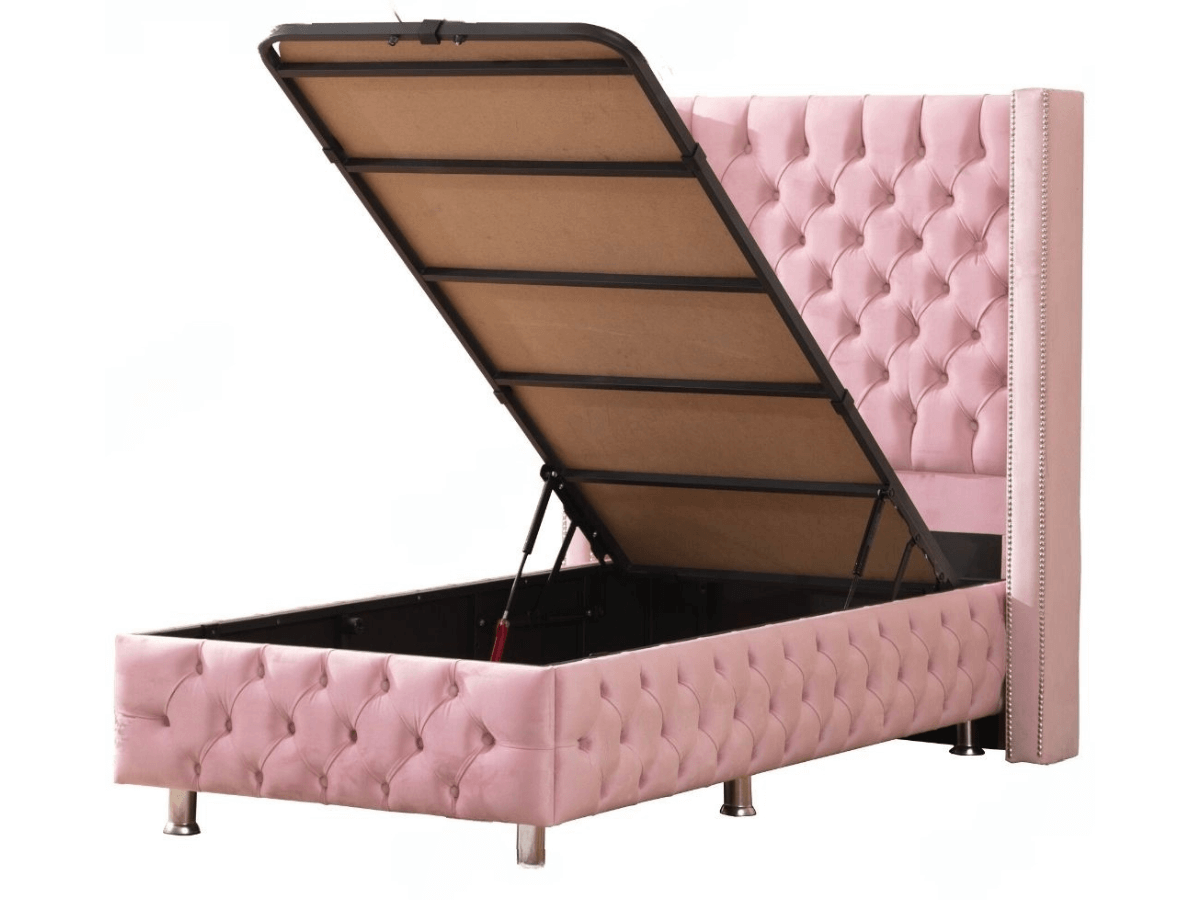 Lit coffre CLOUTE velours rose 1 place avec rangement